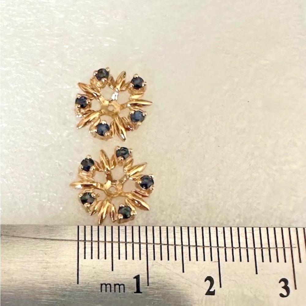 Estate 14K Yellow Gold Sapphire Stud Earring "Flower" Jackets - Picture 6 of 8